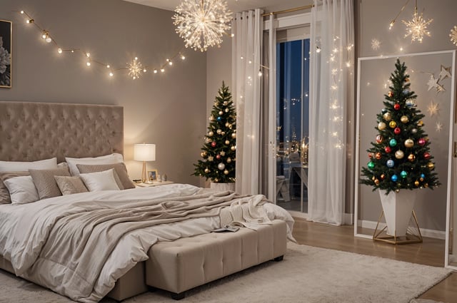 A bedroom with a white bed and a Christmas tree. The bed is covered with a white comforter and there is a remote control on the bed. The room is decorated with Christmas lights and a large chandelier hangs above the bed.