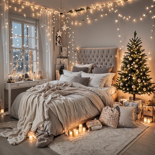 A bedroom with a bed covered in a white comforter and a Christmas tree in the corner. The room is decorated with lights and candles.