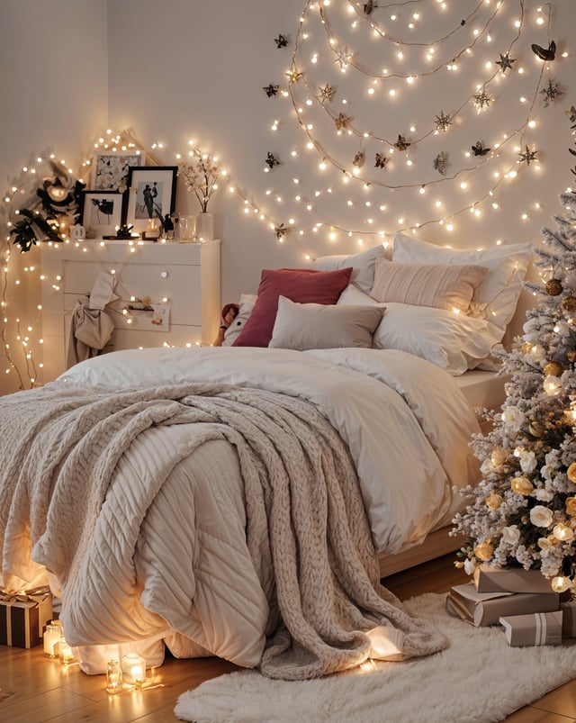 A bedroom decorated for Christmas with a bed, lights, and a Christmas tree.