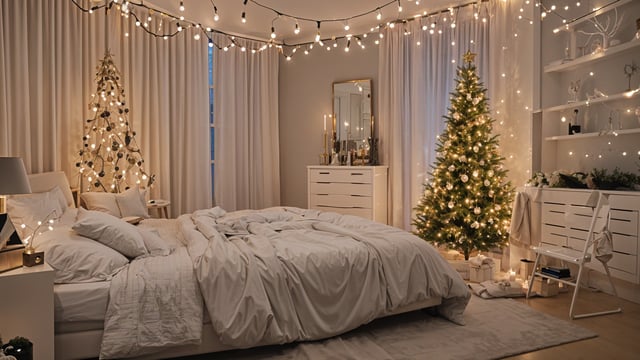 A bedroom with a bed and a Christmas tree. The bed is covered in white sheets and a white comforter. The room is decorated with Christmas lights and a mirror.