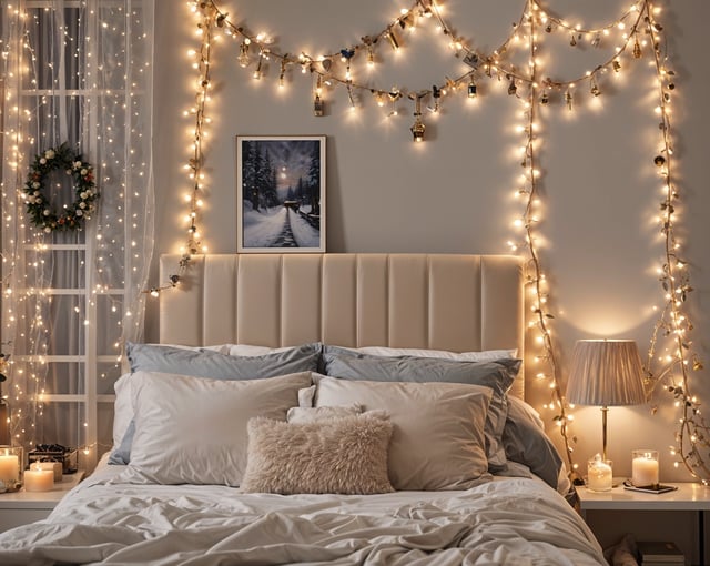 A bedroom with a bed that has a white comforter and a white pillow. The bed is decorated with lights and a picture above it.