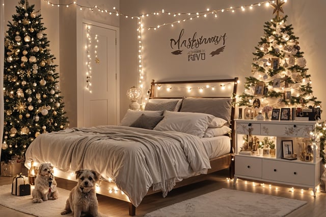A bedroom scene with a bed, dog, and Christmas decorations. The bed is covered in white linens and is positioned in front of a lit Christmas tree.