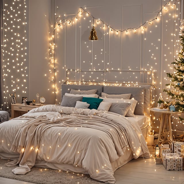 A bedroom with a bed adorned with lights and a Christmas tree. The bed is unmade and has a white comforter. The room is decorated with lights and a clock on the wall.