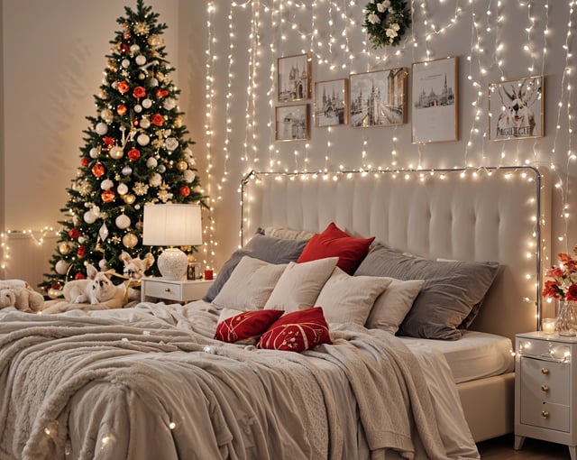 A bedroom with a bed and a Christmas tree. The bed has a white comforter and red pillows. The room is decorated with Christmas lights and pictures on the wall.