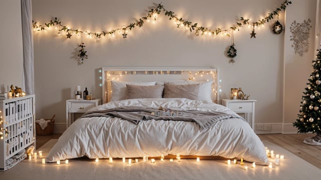 A bedroom with a bed, pillows, and Christmas decorations