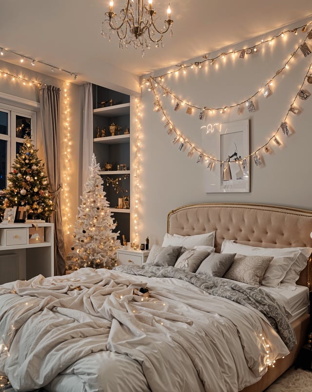 A bedroom with a white bed and a white Christmas tree. The room is decorated with lights and a picture hanging above the bed.