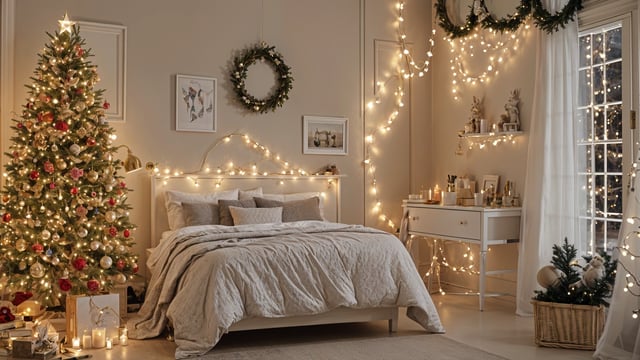 A bedroom with a bed, wreath, and Christmas lights. A dresser with various items on it.