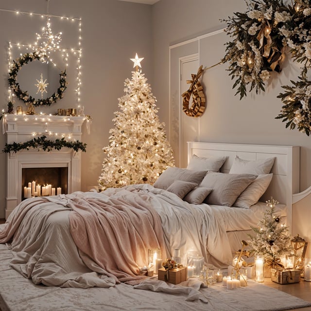 Bedroom scene with a white bed, Christmas tree, and candles. The bed is covered with a pink blanket and pillows, and the room is decorated with white and gold accents.