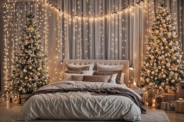 A bedroom with a large bed and two lit Christmas trees on either side of it. The bed is covered with a white comforter and has a white pillow on it. The room is decorated with white lights and a lamp on the nightstand.