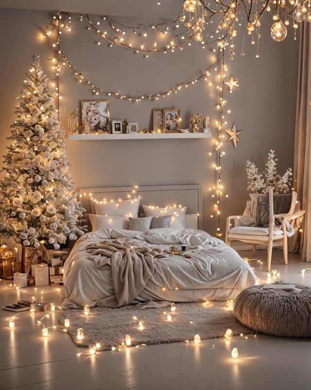 A bedroom with a white bed, white rug, and Christmas decorations. The room is decorated with lights and stars, creating a warm and festive atmosphere.