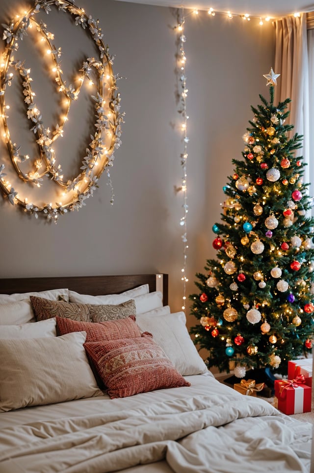 A bedroom with a Christmas tree and a bed with white pillows and a white comforter.