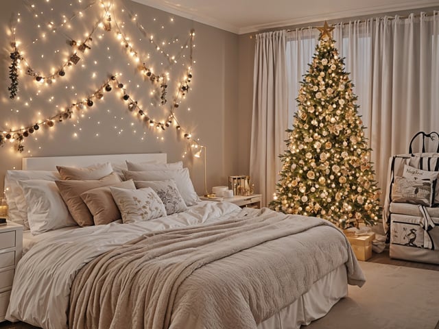 A bedroom with a white bed and a Christmas tree. The bed is covered with a white comforter and there are white pillows on it. The room is decorated with lights and a star garland.