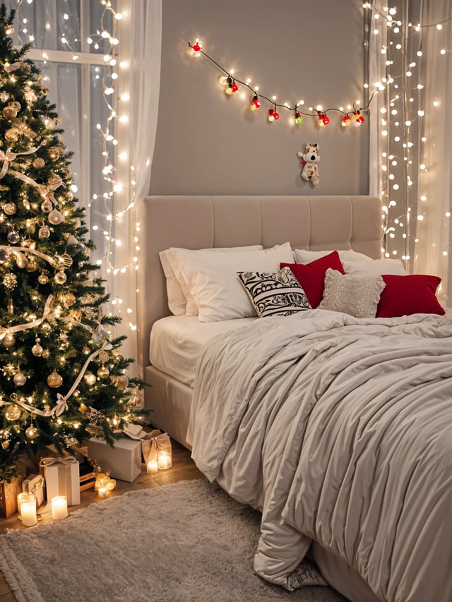 A bedroom with a bed and a Christmas tree in the corner. The bed is covered with a white comforter and has a few pillows on it. The room is decorated with Christmas lights and ornaments.