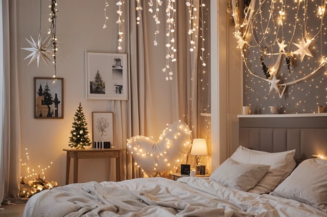 A bedroom with a bed, chair, and Christmas tree. The room is decorated with lights and has a cozy atmosphere.