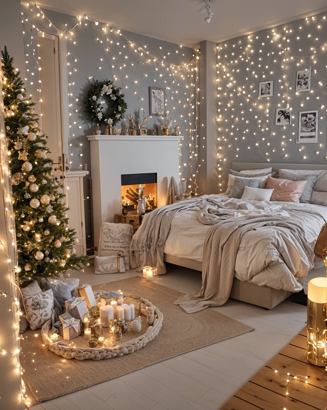 A bedroom with a Christmas tree and lights, a bed with a white comforter, and a fireplace. The room is decorated with candles and pictures on the walls.