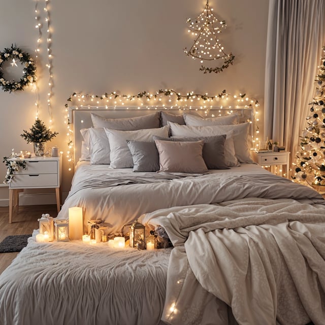A bedroom with a bed, Christmas tree, and candles.