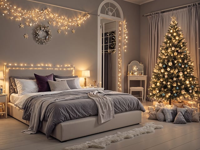 A bedroom with a white bed, a Christmas tree, and lights. The bed is made with a grey comforter and has a purple pillow. The room is decorated with Christmas lights and a small tree.