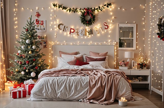A bedroom with a bed and a Christmas tree. The bed is covered with a pink blanket and has a white comforter. The room is decorated with Christmas lights and a wreath.