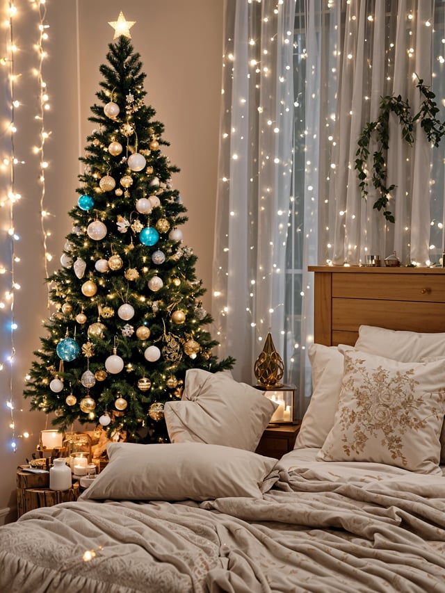 A bedroom with a Christmas tree and white pillows on the bed.
