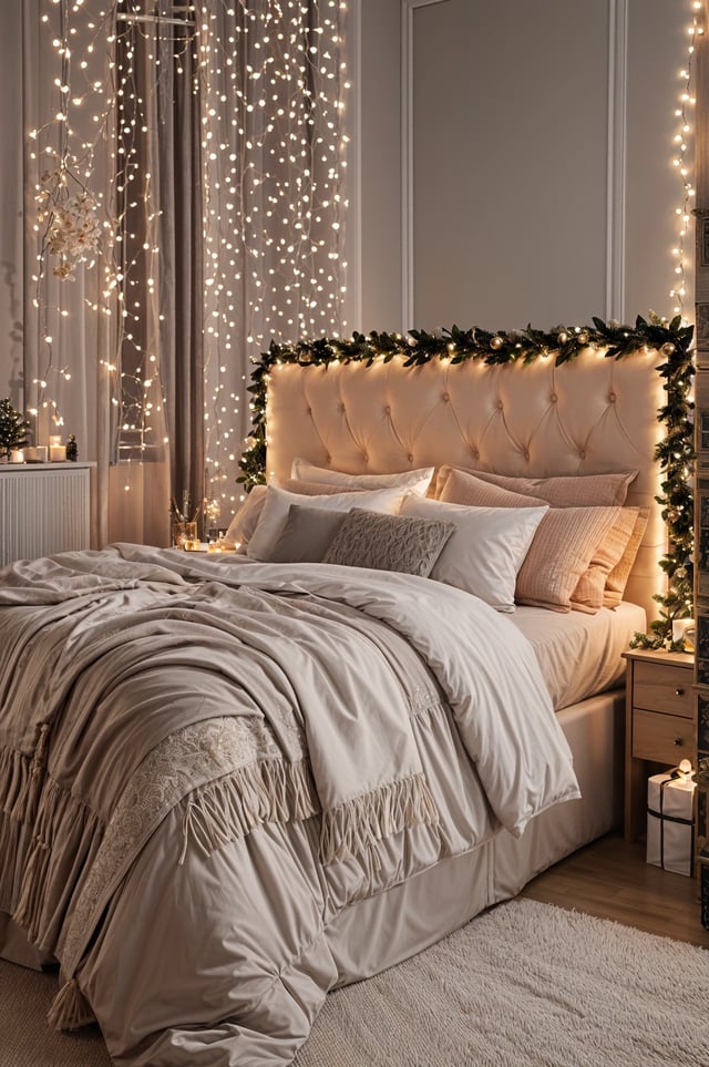 A bedroom with a large bed, white sheets, and a white comforter. The bed is topped with a white throw and has a white pillow. The room also features a window with lights on it.