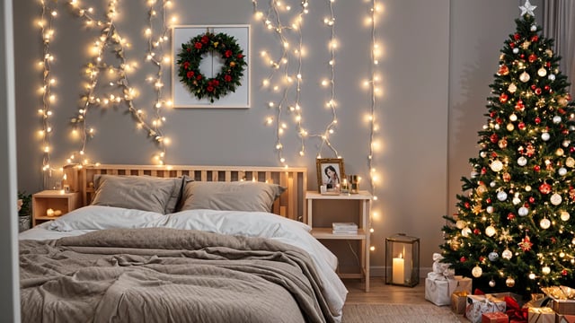 A bedroom with a bed underneath a string of lights, a nightstand, and a framed picture on the wall.