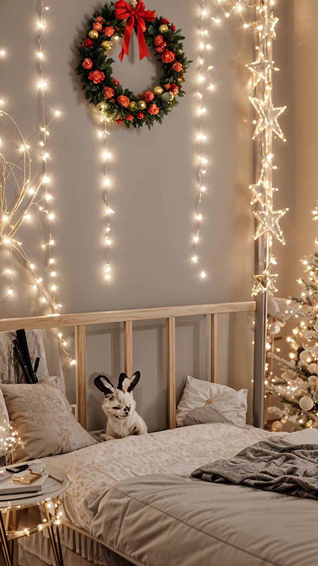 A white bunny rabbit sitting on a bed with Christmas lights. The bed is covered in white sheets and pillows.