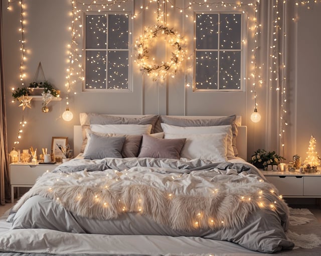 A bedroom with a large bed, fur blanket, white pillows, and lights. The bed is the main focus of the image.