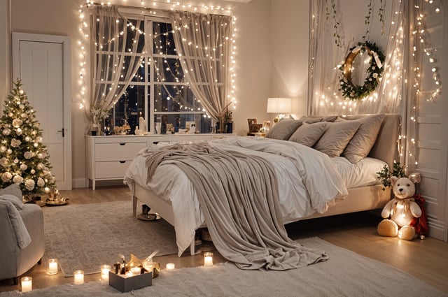 A cozy bedroom scene with a large bed, decorative pillows and a blanket. The room is dimly lit, creating a warm and inviting atmosphere.
