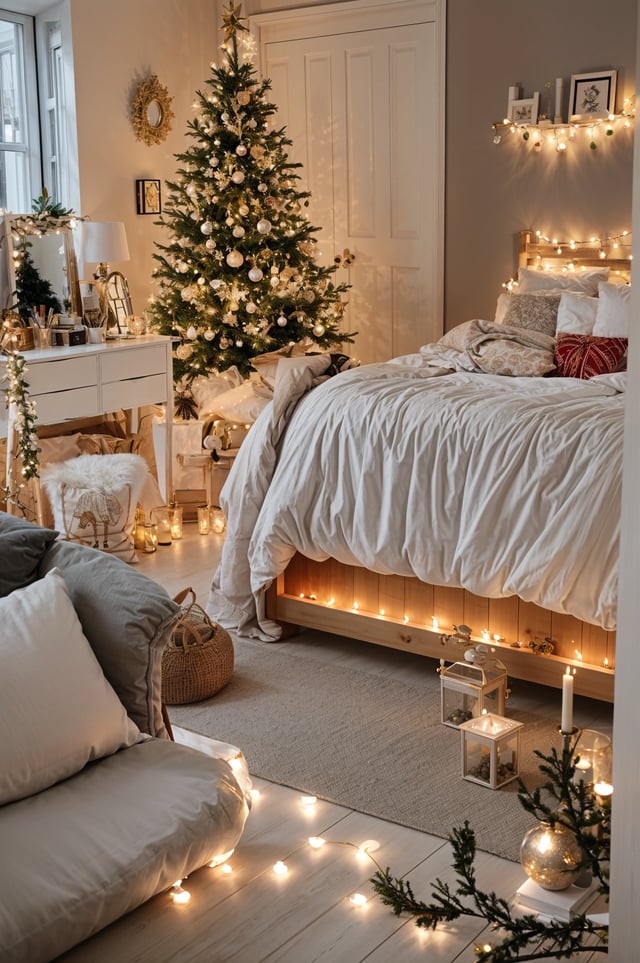 A cozy bedroom with a white bed, white rug, and a Christmas tree with white lights.