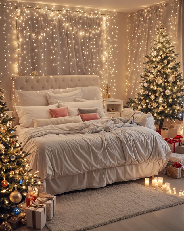 A bedroom with a bed under a Christmas tree. The bed is covered in white linens and has a white comforter. The room is decorated with Christmas lights and candles.