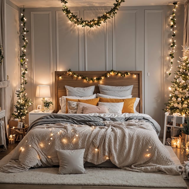 A bedroom scene with a bed adorned with a white comforter and a green garland. The bed is decorated with lights and has a Christmas tree in the corner.