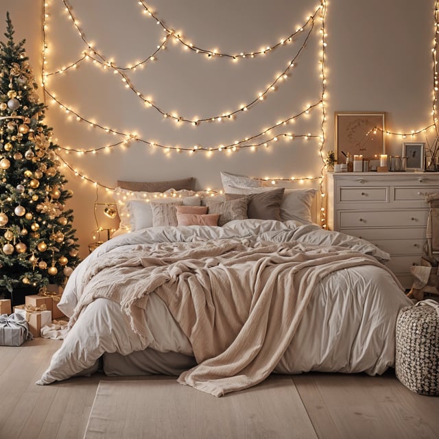 A bedroom scene with a bed under a Christmas tree. The bed is covered with a white comforter and has a white sheet. The room is decorated with lights and ornaments, creating a warm and festive atmosphere.