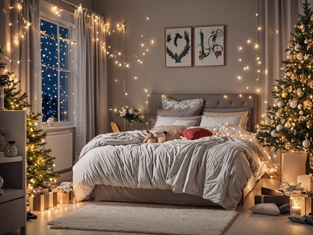 A bedroom with a bed decorated with Christmas lights and a small tree. The room also has a window and a vase with flowers on the nightstand.