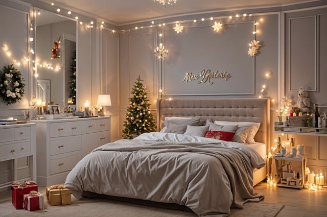 A bedroom with a bed and a Christmas tree. The bed is covered in a white comforter and has a red throw pillow. The room is decorated with lights and a mirror on the wall.