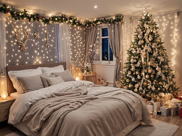 A bedroom with a Christmas tree and lights. The bed has a white comforter.