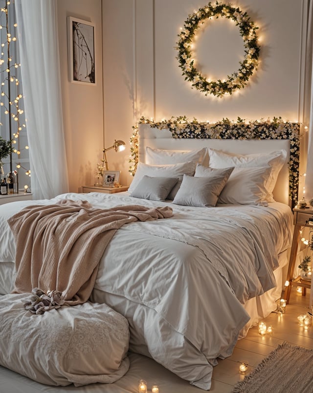 A bedroom with a white bed, wreath, and lights. A nightstand with a lamp and a potted plant.