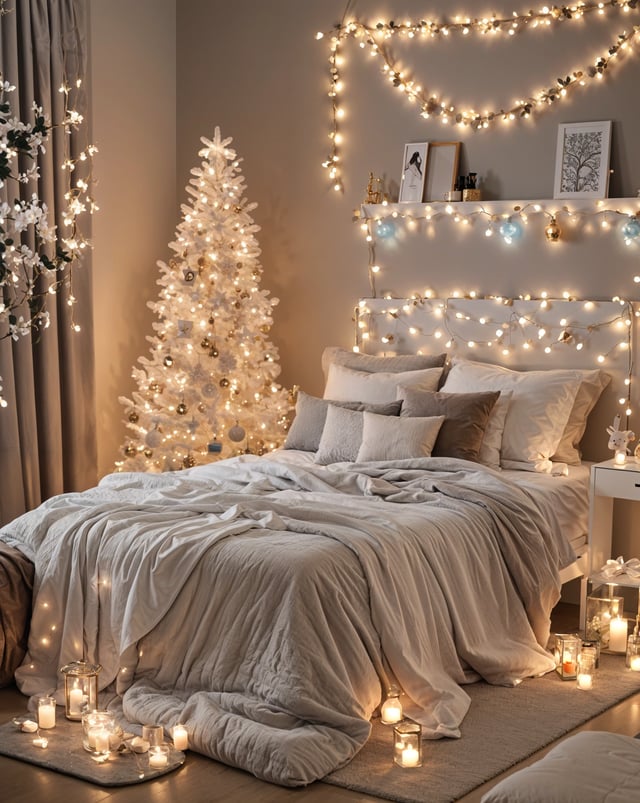 A bedroom with a white bed, Christmas tree, and lights. The bed is covered in white sheets and has a white comforter. The room is decorated with lights, creating a warm and inviting atmosphere.