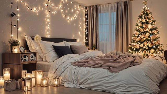 A bedroom with a white bed and a pink blanket. The room is dimly lit, and there are lights and a window.