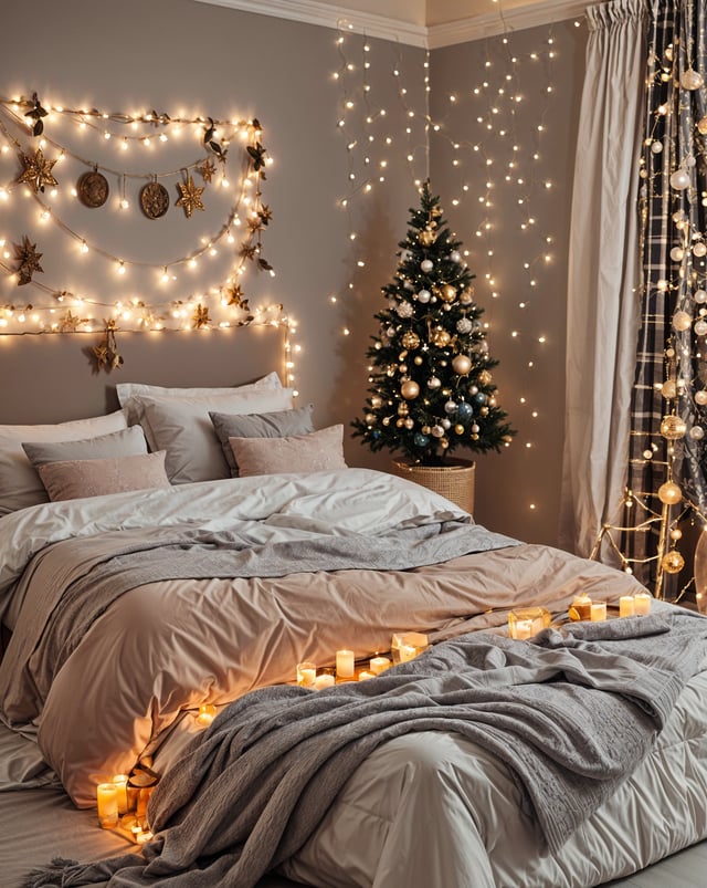 A bedroom with a bed, Christmas tree, and lights