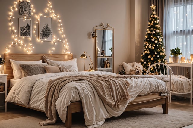 A cozy bedroom scene with a large bed, a mirror, a Christmas tree, and a dog. The bed is covered with a white comforter and has a white dog on it.