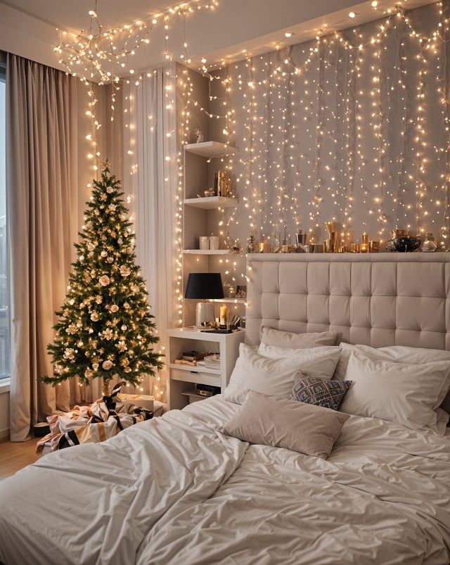 A bedroom scene with a bed, Christmas tree, and lights.