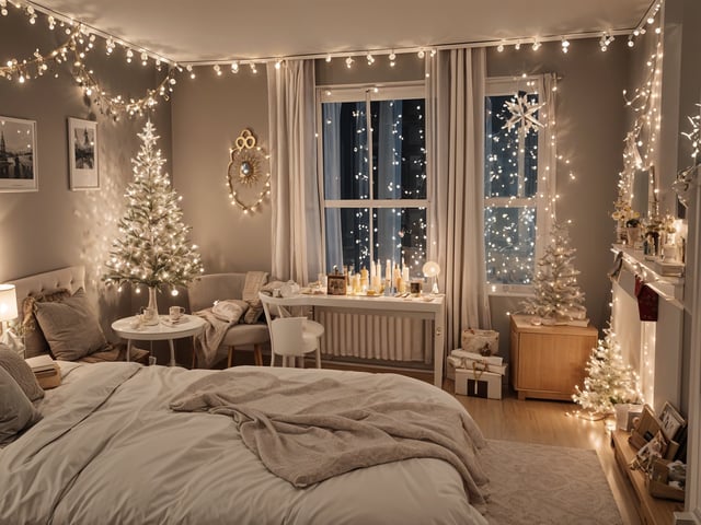 A bedroom with Christmas decorations and lights