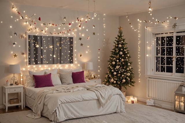 A bedroom with a Christmas tree and lights, featuring a bed with a white comforter and purple pillows. The room is decorated with a star garland and a mirror on the wall.