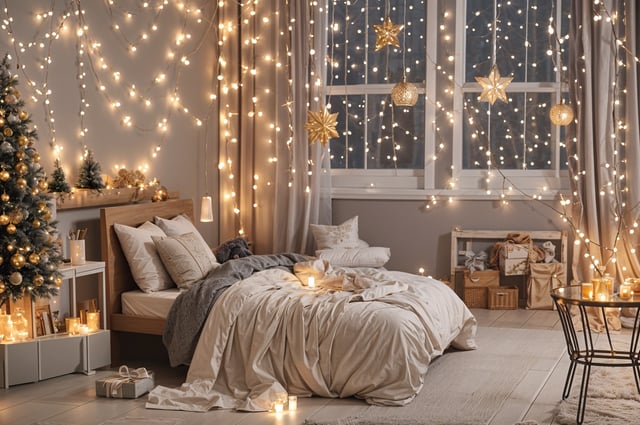 A bedroom scene with a bed, candles, and a star garland. The room is simple and elegant, with a focus on comfort.