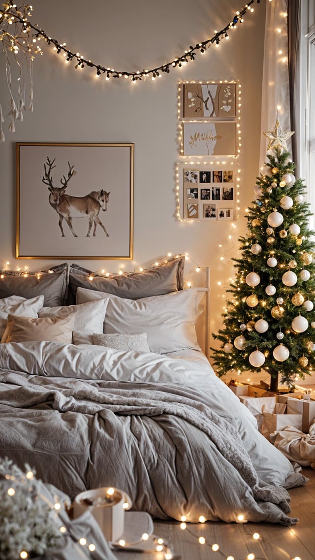 A bedroom with a white comforter, Christmas tree, and deer picture. The room is cozy and inviting.
