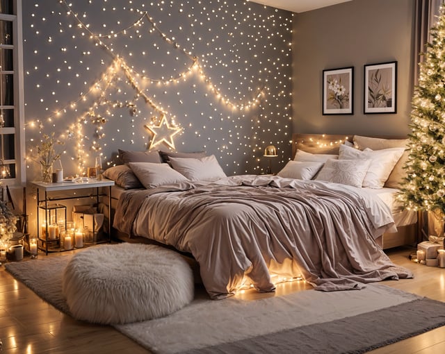 A bedroom with a large bed and a starry night light. The bed is covered in a grey comforter and has a white pillow. The room is decorated with candles and a star garland.