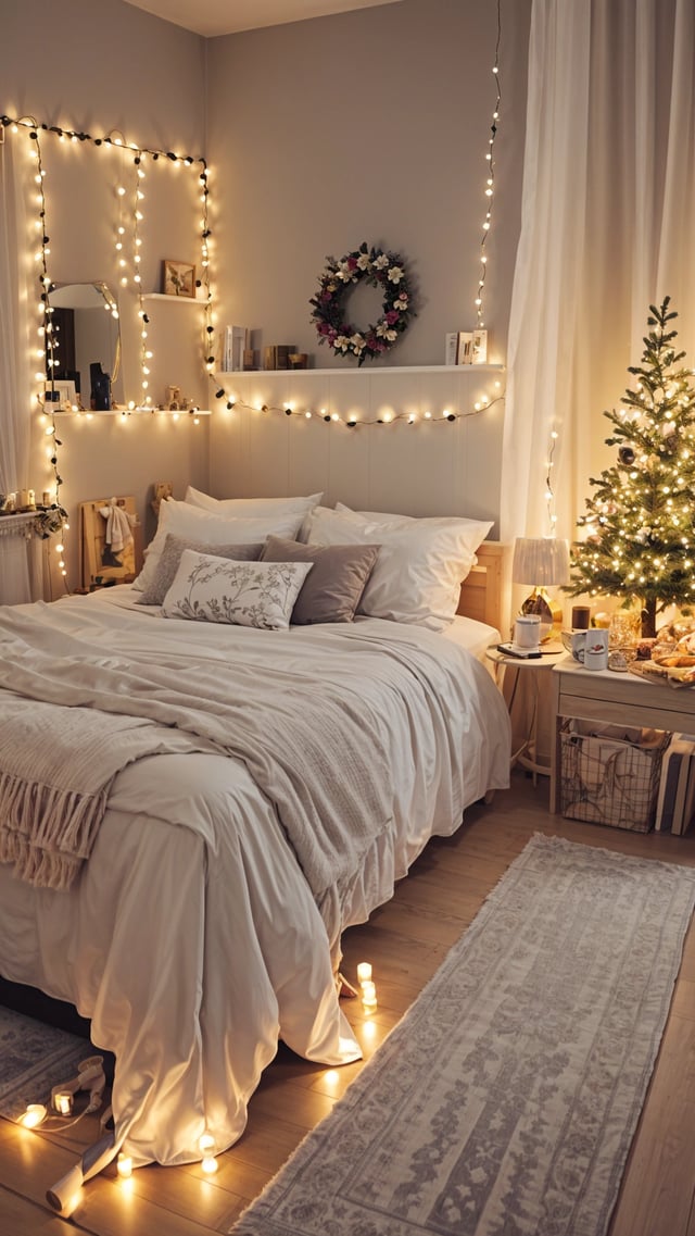 A bedroom scene with a white bed, a Christmas tree, and a nightstand. The bed is covered with a white comforter and has a wreath on the wall. The room is decorated with lights and a mirror.