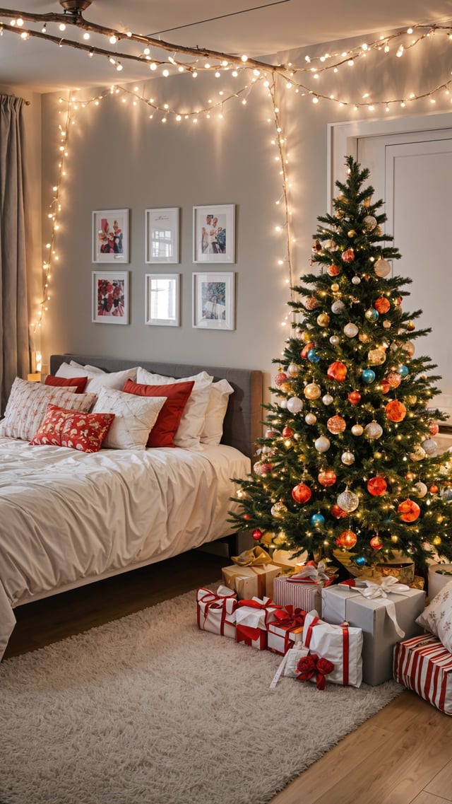 A bedroom with a Christmas tree and presents. The bed is covered in white sheets and has a red and white pillow. The tree is decorated with ornaments and lights, creating a festive atmosphere.