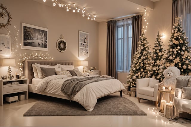 A bedroom with a white bed, a rug, a Christmas tree, and lights. The bed is covered in a grey blanket and has a white comforter. The room is decorated for Christmas with a tree and lights. The bedroom also features a couch and a chair.