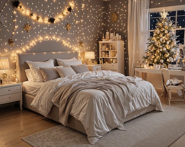 A bedroom with a large bed, white sheets, and a Christmas tree in the corner. The room is decorated with lights and has a cozy atmosphere.